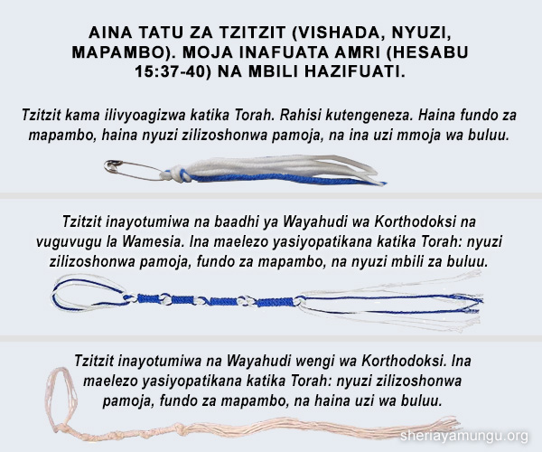 Ulinganisho wa aina tatu tofauti za vishada na maelezo ya aina sahihi kulingana na Sheria ya Mungu katika Biblia, Hesabu 15:37-40.