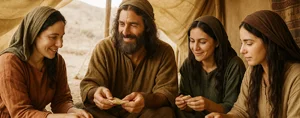 Yakobo na wake zake wakila ndani ya hema katika Israeli ya kale