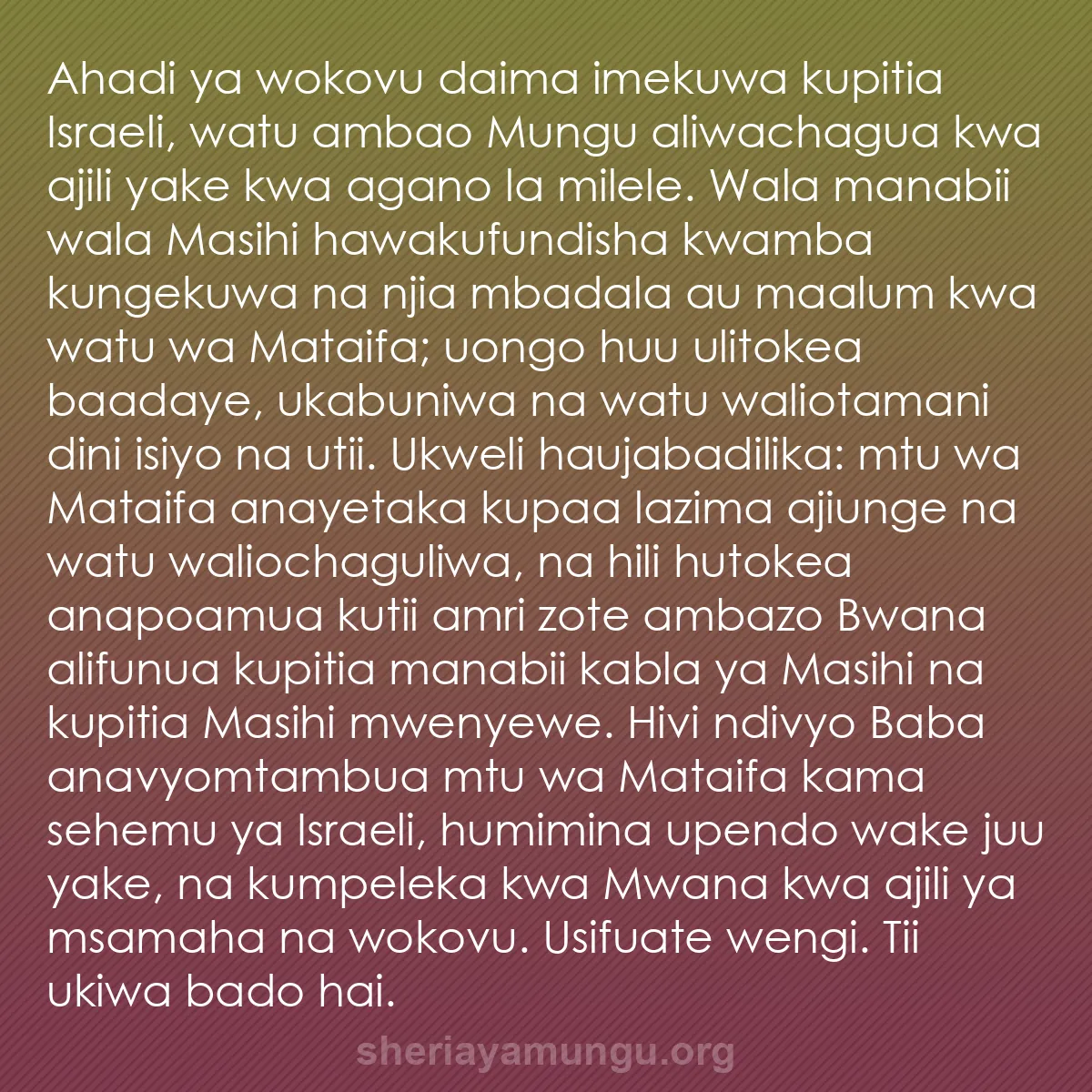 b0048 - Chapisho kuhusu Sheria ya Mungu: Ahadi ya wokovu daima imekuwa kupitia Israeli, watu ambao Mungu...