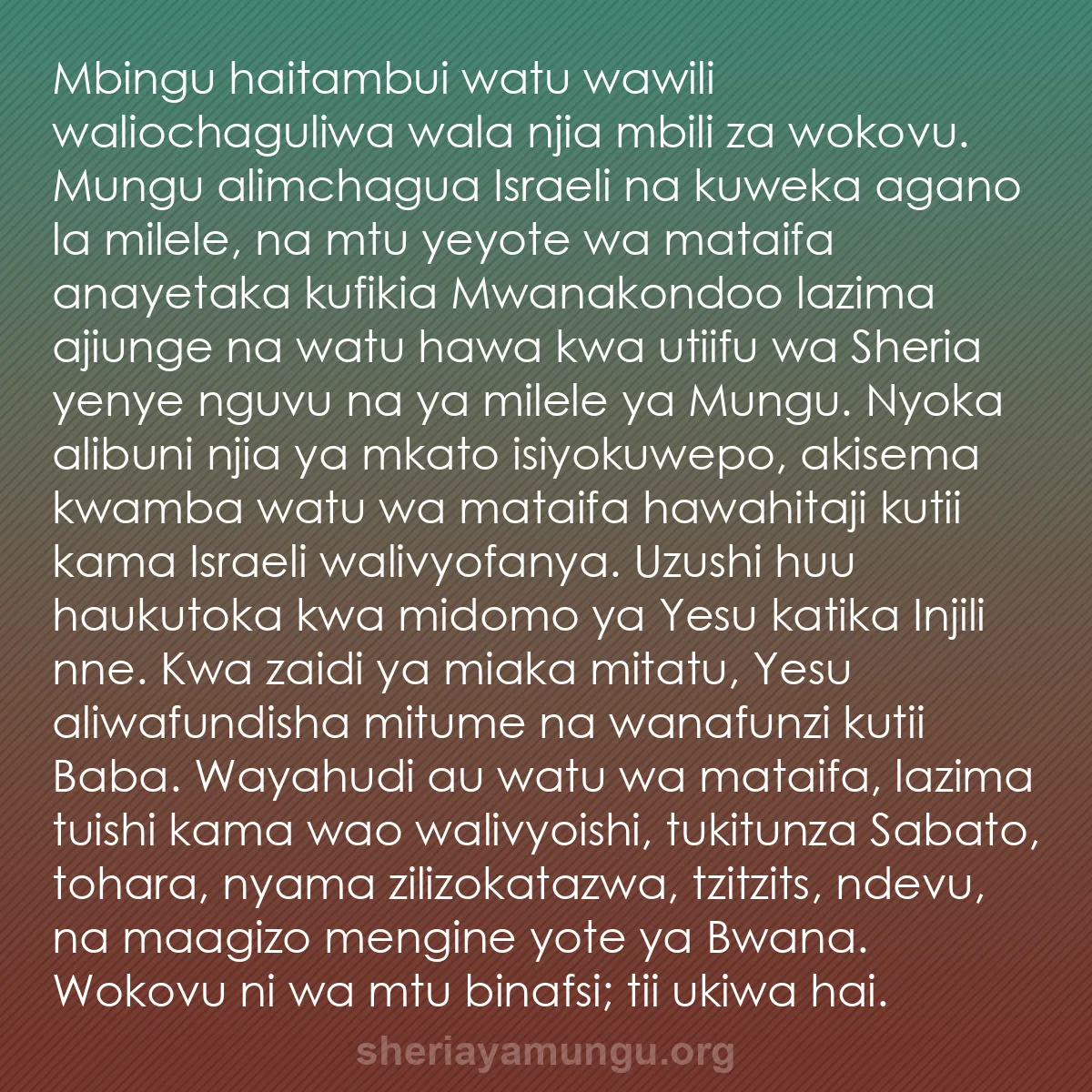 b0133 - Chapisho kuhusu Sheria ya Mungu: Mbingu haitambui watu wawili waliochaguliwa wala njia mbili...