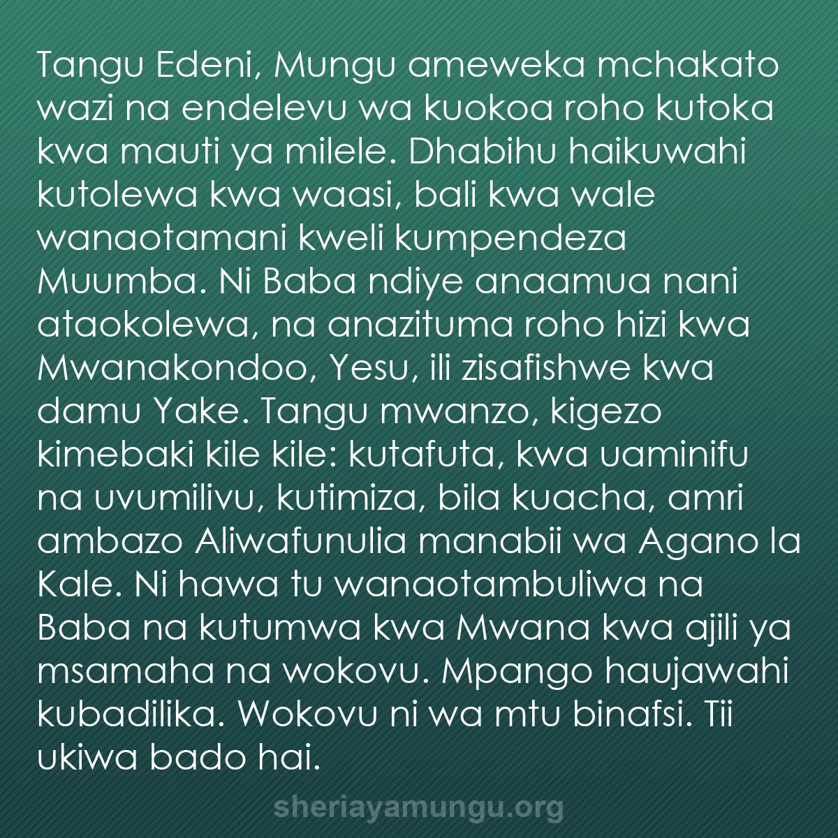 b0260 - Chapisho kuhusu Sheria ya Mungu: Tangu Edeni, Mungu ameweka mchakato wazi na endelevu wa kuokoa...