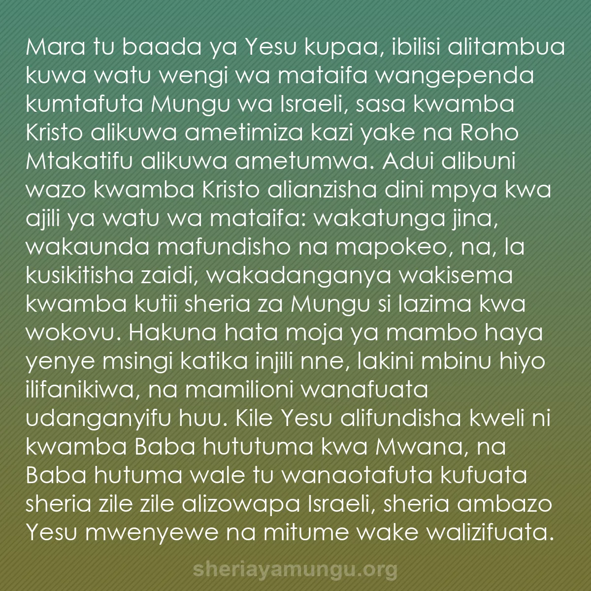 b0403 - Chapisho kuhusu Sheria ya Mungu: Mara tu baada ya Yesu kupaa, ibilisi alitambua kuwa watu wengi...