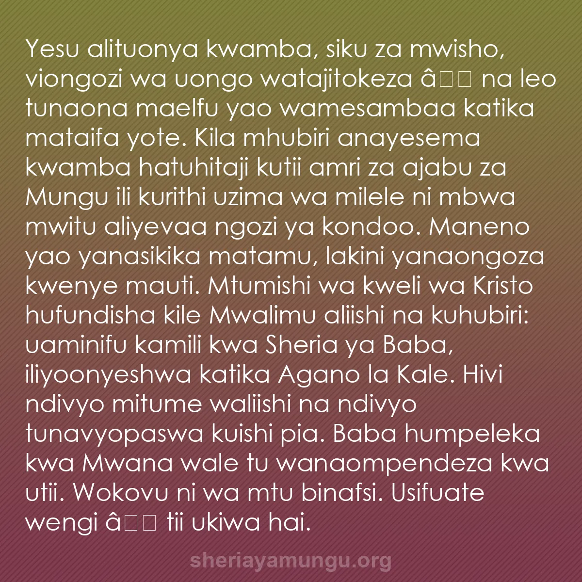 b0448 - Chapisho kuhusu Sheria ya Mungu: Yesu alituonya kwamba, siku za mwisho, viongozi wa uongo watajitokeza...