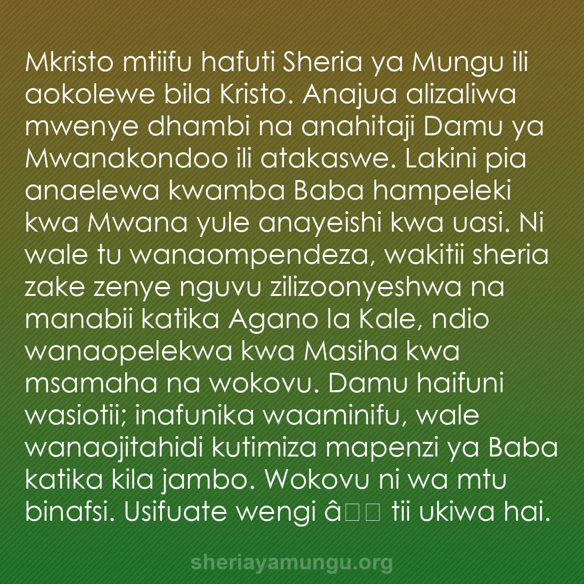 b0456 - Chapisho kuhusu Sheria ya Mungu: Mkristo mtiifu hafuti Sheria ya Mungu ili aokolewe bila Kristo....